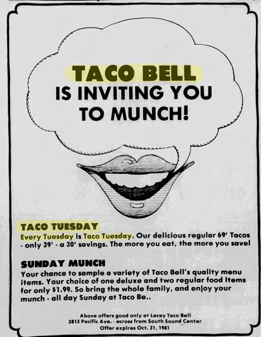 Taco Tuesday 1981 – See this Taco Bell AD in The Olympian, Olympia, Washington  • Sun, Sep 6, 1981