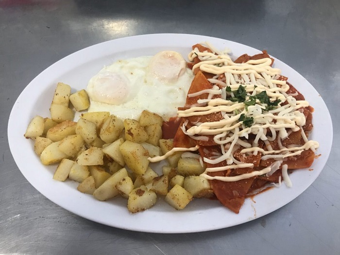 Chilaquiles rojos with eggs & potatoes