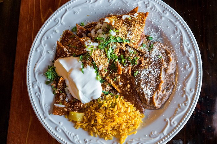 Chilaquiles with rice and beans