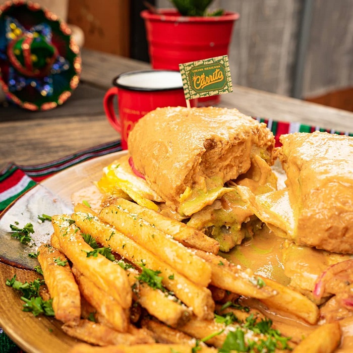 chilaquilitos torta and fries