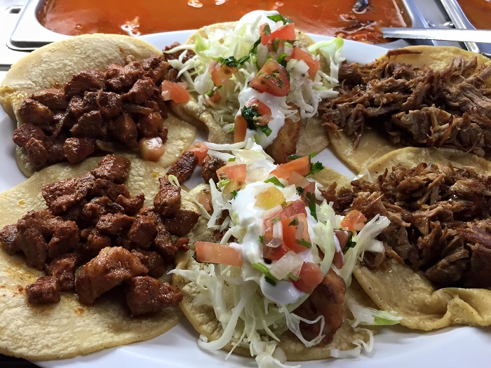 Adoba, fish and carnitas tacos with hand made corn tortillas