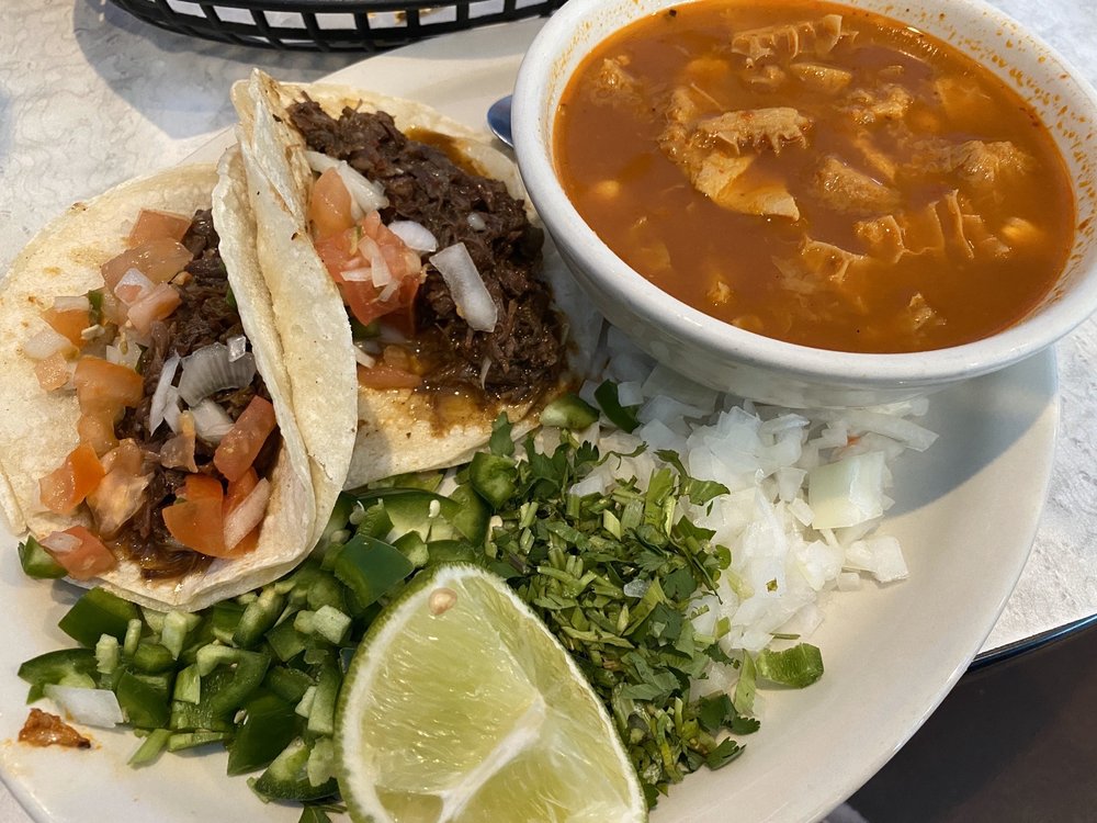 Sunday Special - small menudo and two Barbacoa tacos on corn.