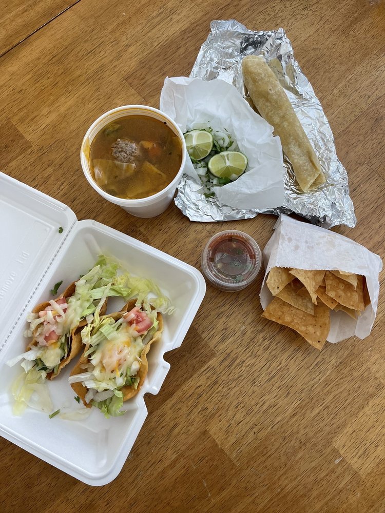 Tacos, soup, chips salsa