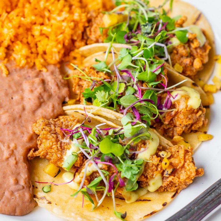 Fried Chicken Tacos beans and rice