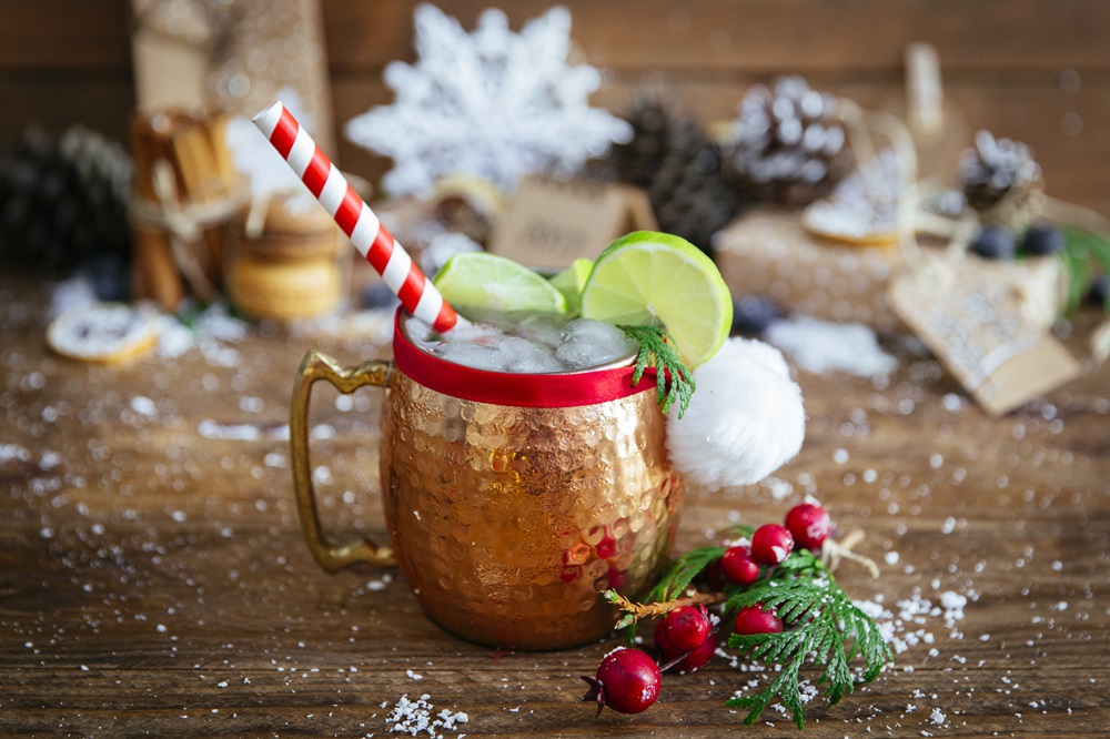 Christmas,Cocktail,Moscow,Mule,On,Wooden,Background