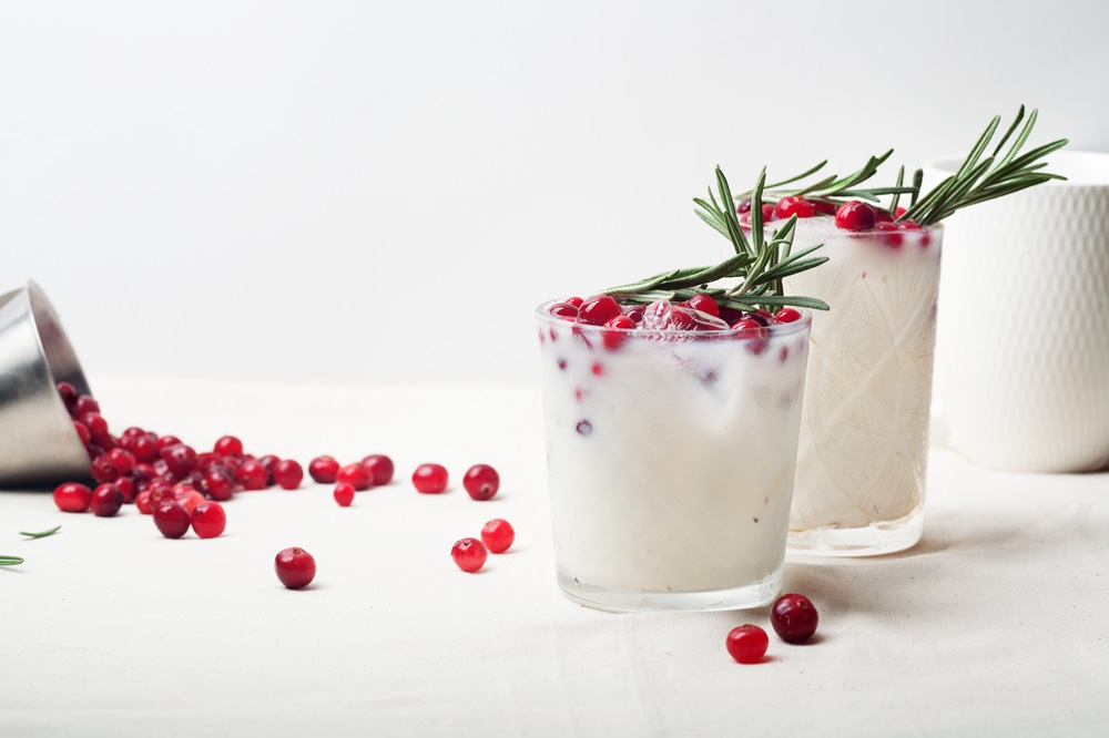 Perfect,Christmas,Cocktail:,Coconut,Margarita,With,Cranberries,And,Rosemary.,Minimalistic