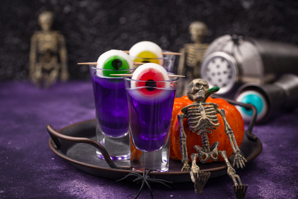 Halloween,Drink.,Purple,Shot,Cocktail,Decorated,With,Eyes.