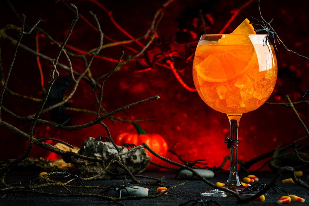 Halloween,Aperol,Spritz,Cocktail,On,Scary,Dark,Bloody,Red,Background