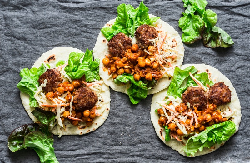 Meatballs,,Spicy,Stewed,Chickpeas,And,Cabbage,Slaw,Tortilla,-,Delicious